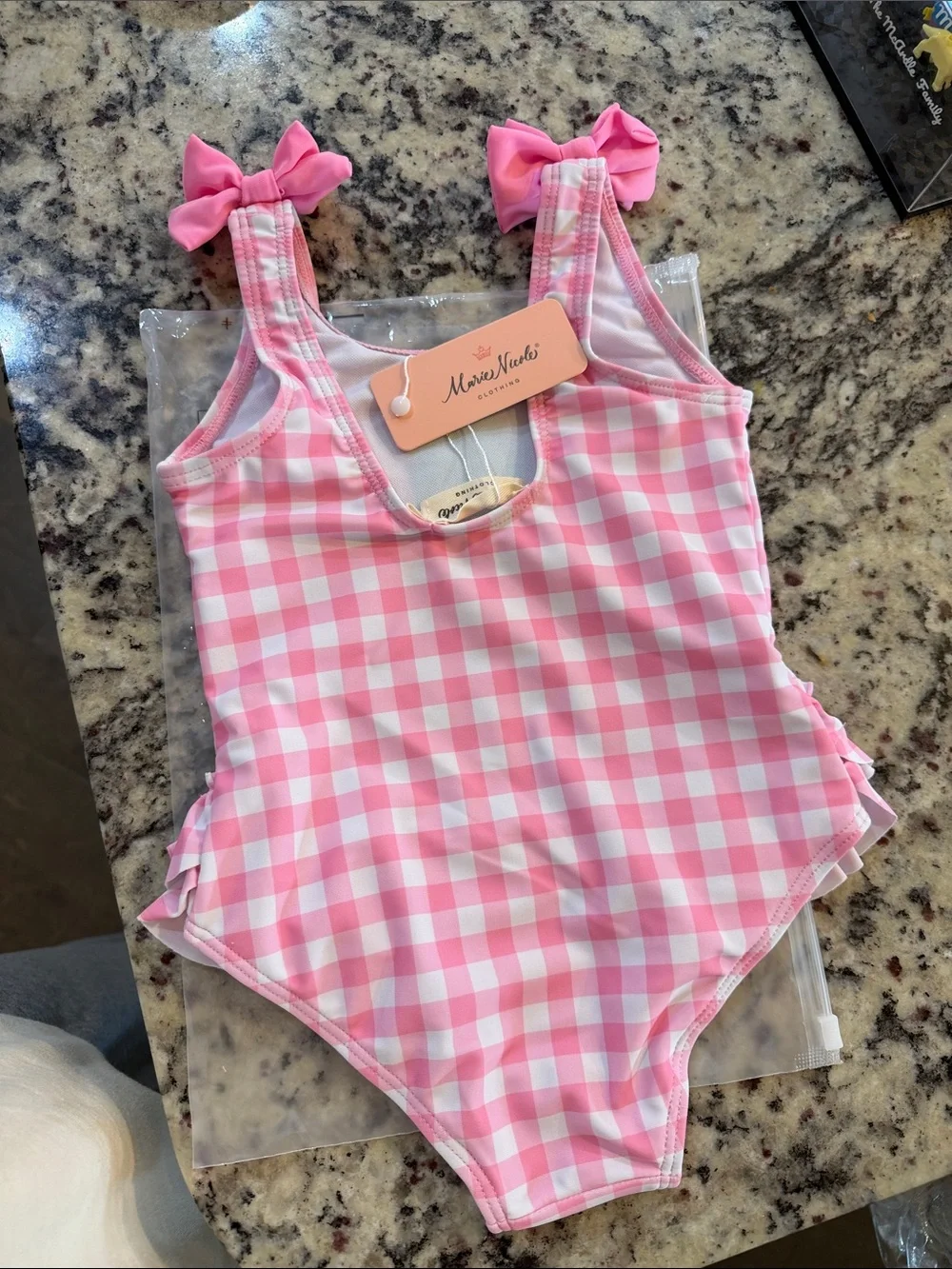 Girls Pink Gingham One-Piece Swimsuit with Popsicle Appliqués